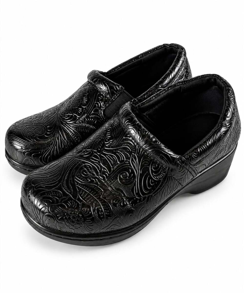 Yuu Bethanee Black Floral Tooled Memory Foam Slip-On Clog Shoes Women's 8W